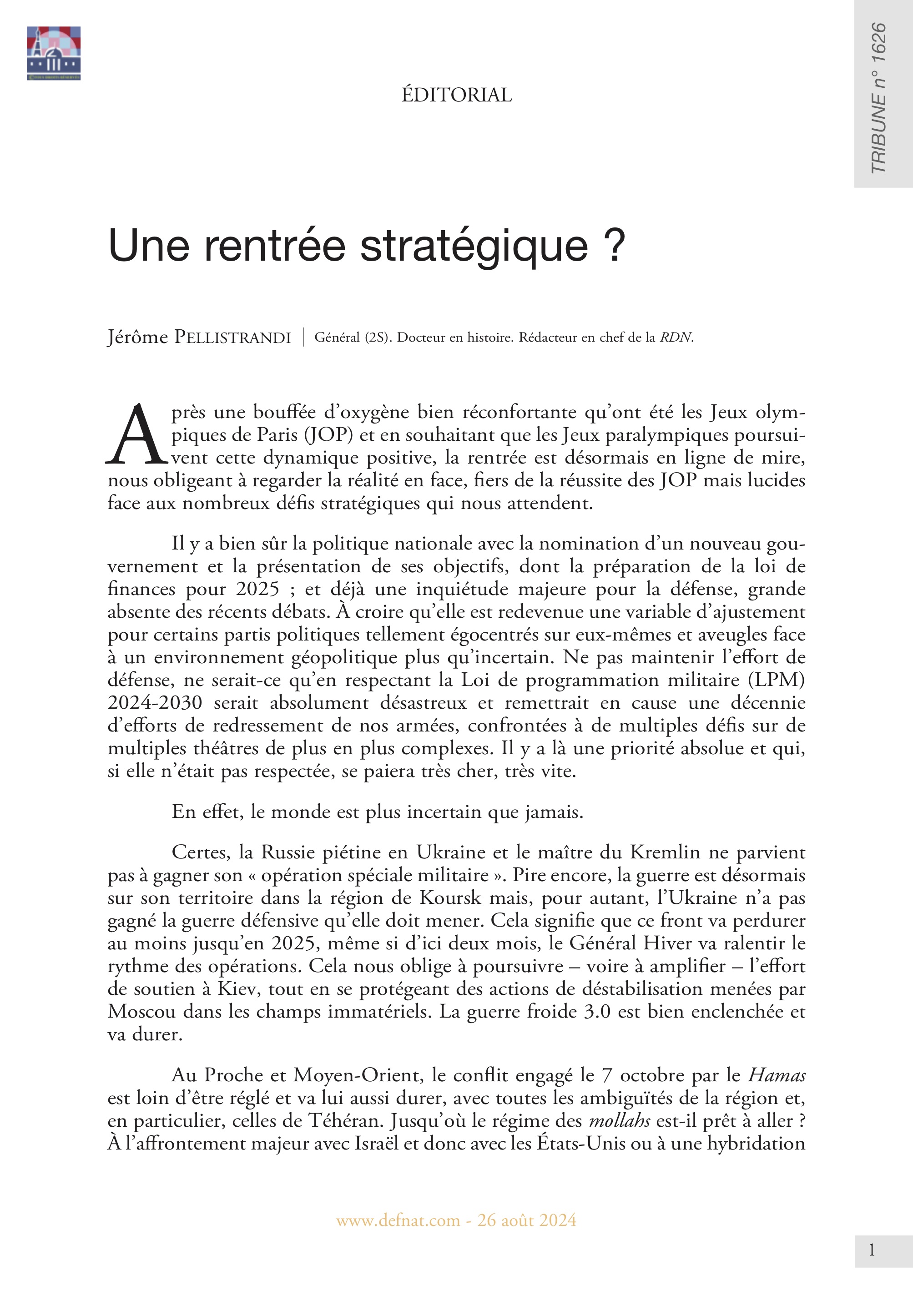 Éditorial – Une rentrée stratégique ? (T 1626)
